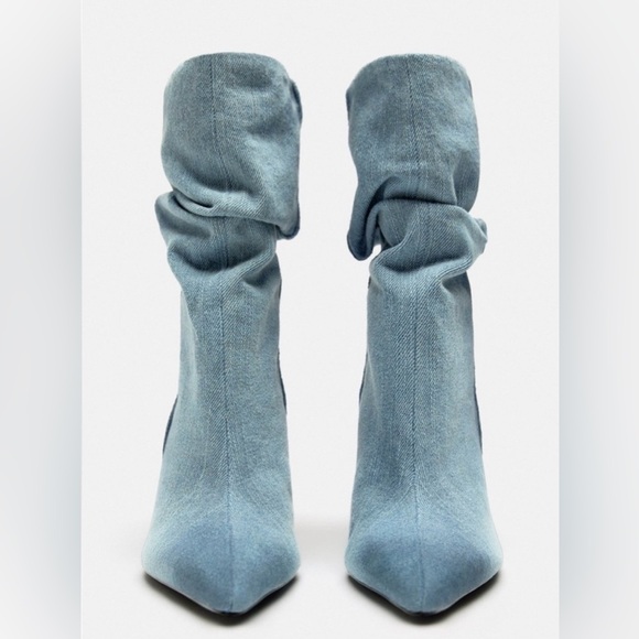 ZARA Blue Denim Slouchy Ankle Boots Stiletto Heel Pointed Toe Size 38 / 8 - Picture 4 of 9